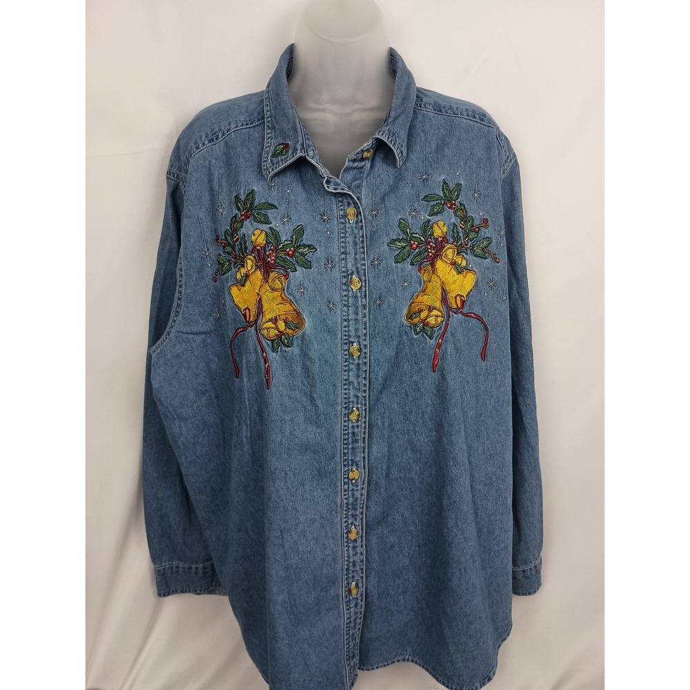 christmas holiday bells church 22W 24W festive light Denim button up top plus